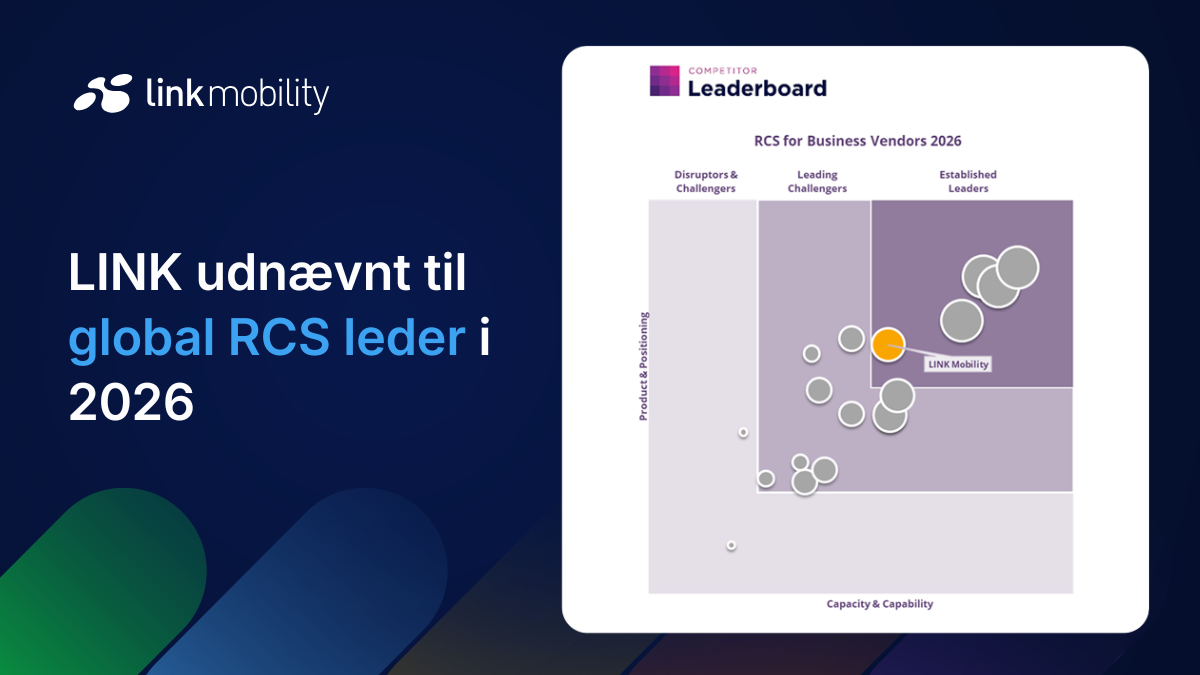 Grafik, der viser, at LINK Mobility er udnævnt til en etableret RCS-leder i 2026 på Competitor Leaderboard-oversigten over leverandører af RCS til erhvervsbrug.