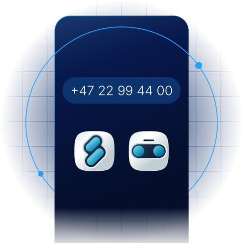 A blue digital interface displaying a phone number "+47 22 99 44 00" with two futuristic icons below it.