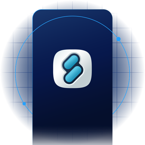 A stylized "S" logo with blue gradients on a rounded square background, set against a dark blue circular grid pattern.