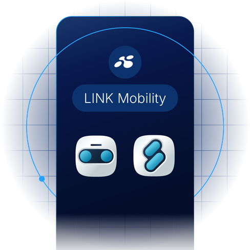 A dark blue interface design featuring the LINK Mobility logo and two stylized app icons with abstract shapes.