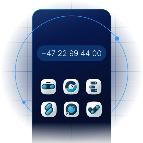 Mobile screen showing a virtual phone number +47 22 99 44 00 with icons representing LINK Mobility’s SMS and messaging solutions around it.