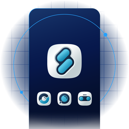 Visual overview of the MyLINK Studio business messaging platform showing the main app icon at the center and three related solution icons below, on a dark blue background.