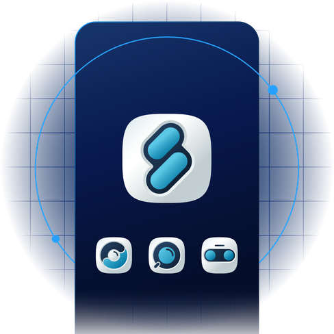 Visual overview of the MyLINK Studio business messaging platform showing the main app icon at the center and three related solution icons below, on a dark blue background.