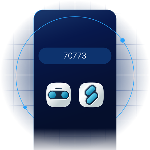 A dark blue interface displays the number "70773" with two app icons below it, each featuring stylized blue shapes.