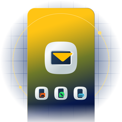 Stylized email icon on a mobile screen with icons for image, notification, and chat, representing omnichannel setups using LINK Mobility messaging solutions.