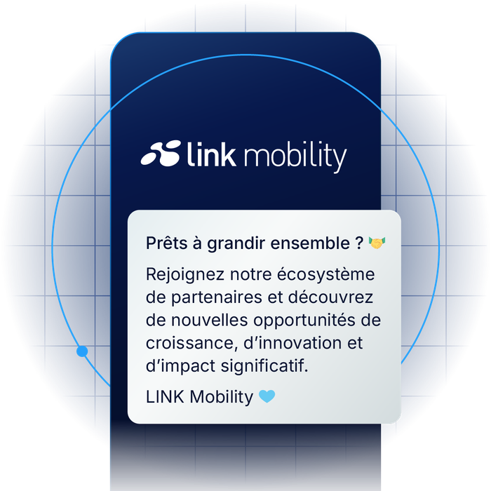 Logo de Link Mobility accompagné d'un texte en français invitant les partenaires à rejoindre l'entreprise et à découvrir des opportunités de croissance, d'innovation et d'impact significatif.
