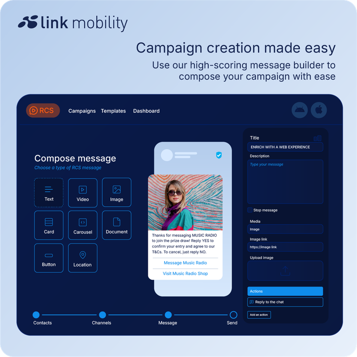 Grafikk som viser MyLINK Studio fra LINK Mobility, og fremhever markedets beste verktøy for å lage og sende RCS-kampanjer for bedriftsmeldinger – med tekst, bilde, video, karusell og interaktive handlingsfunksjoner.