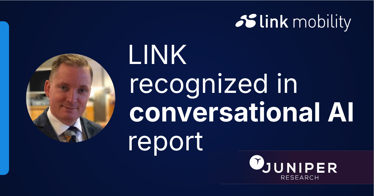LINK Mobility recognized in Juniper Research's conversational AI report, featuring a portrait of a person on a dark blue background.