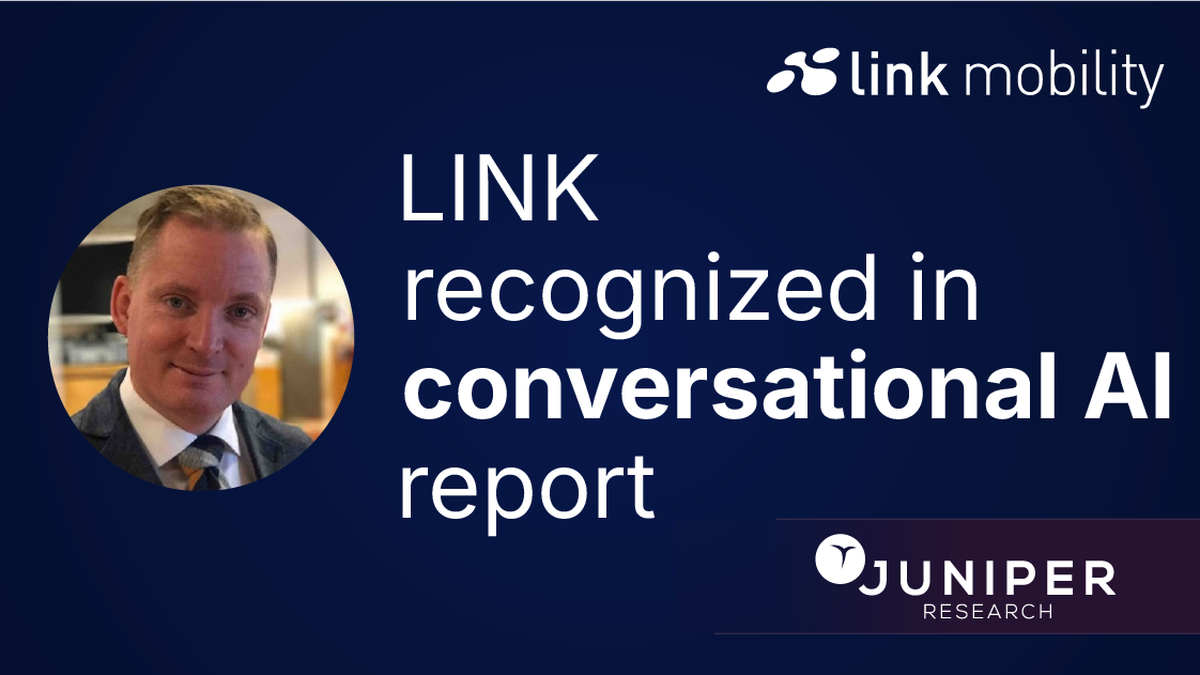 LINK Mobility recognized in Juniper Research's conversational AI report, featuring a portrait of a person on a dark blue background.