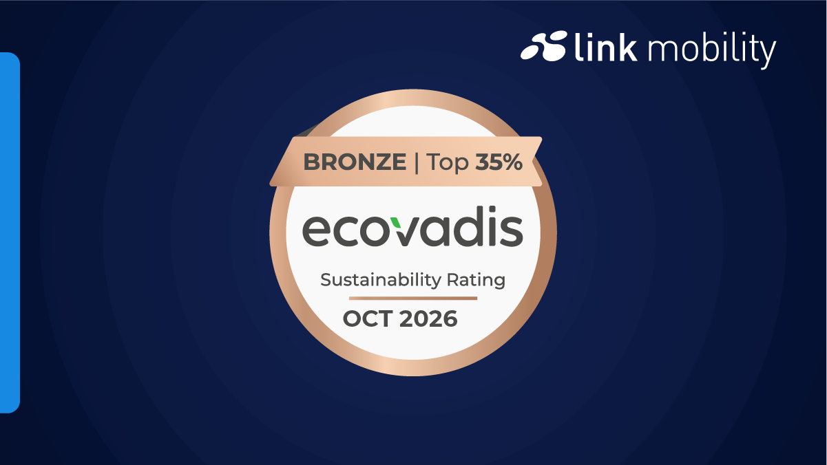 Bronze EcoVadis sustainability rating badge for October 2026, indicating top 35% performance, with Link Mobility logo.
