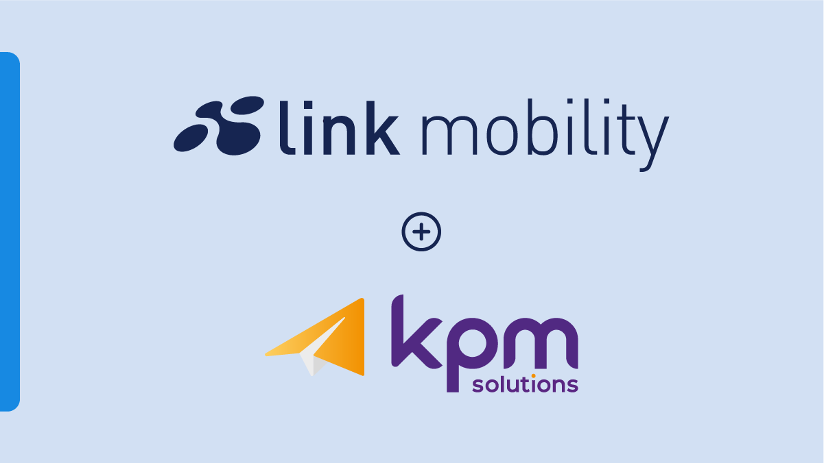 Logos of Link Mobility and KPM Solutions with a plus sign between them on a light blue background.