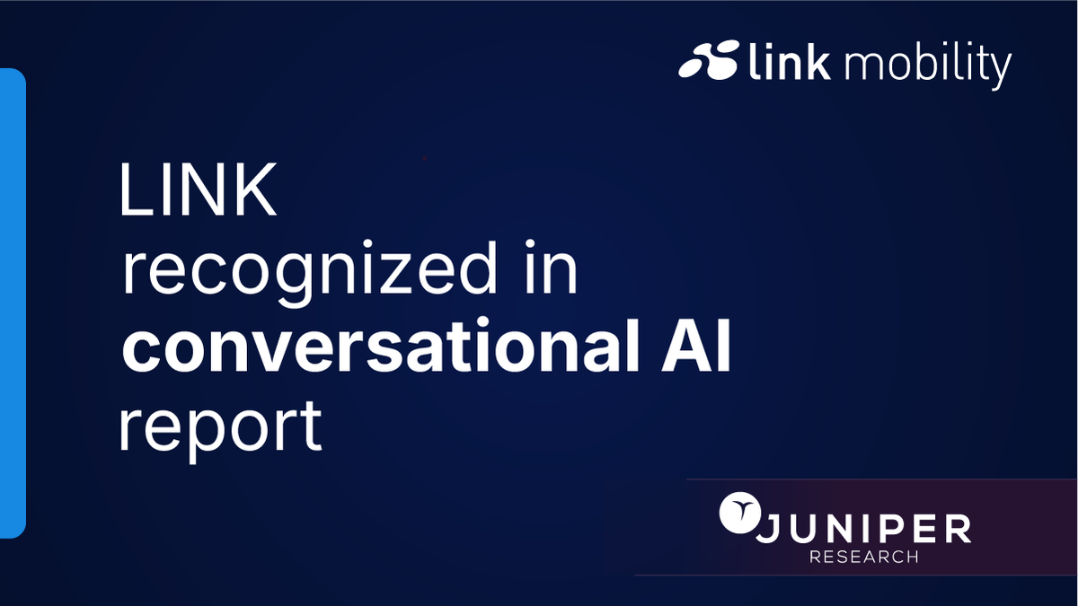 Text on a dark blue background reads, "LINK recognized in conversational AI report." Top right: "link mobility" logo. Bottom right: "JUNIPER RESEARCH."