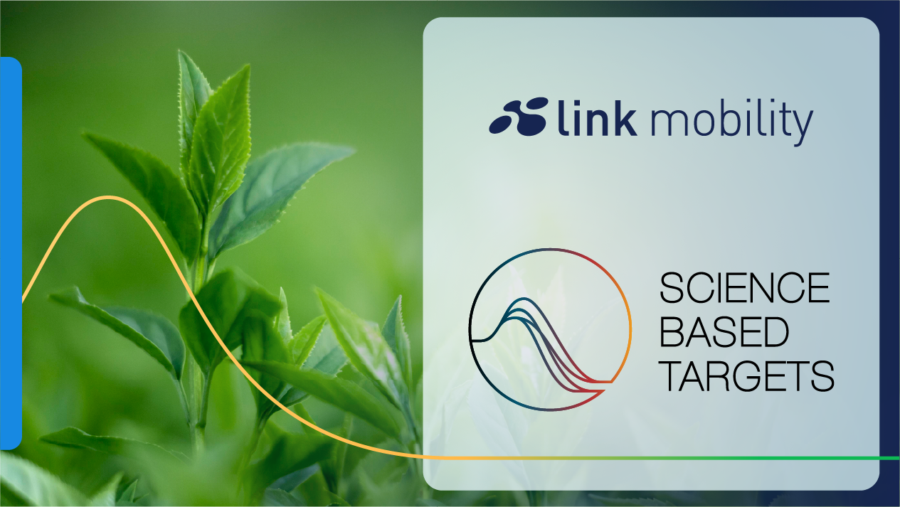 Green leaves in the background with "Link Mobility" logo and "Science Based Targets" text on a transparent overlay.