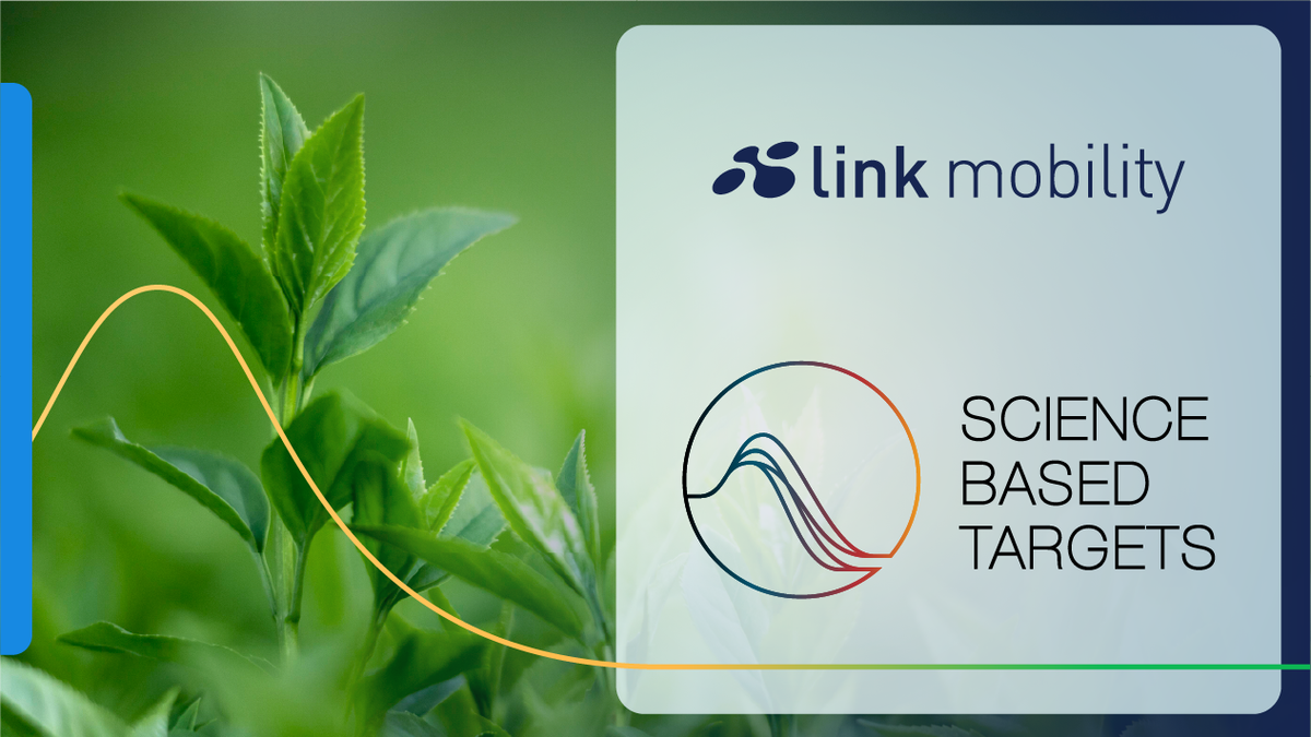 Green leaves in the background with "Link Mobility" logo and "Science Based Targets" text on a transparent overlay.