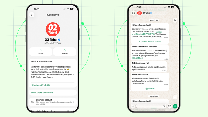 Kaksi WhatsApp-näkymää 02 Taksin yritystilistä ja asiakasviestinnästä. Vasemmalla näkyy vahvistettu yritysprofiili ja oikealla automatisoitu keskustelu, jossa asiakas saa tilausvahvistuksen, taksin saapumisilmoituksen ja palautekyselyn.