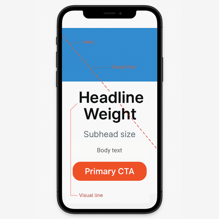 Graphic showing Email Design Best Practices with visual hierarchy on mobile. The image illustrates headline weight, subhead size, body text, and a prominent primary CTA, aligned along visual lines that guide the reader’s eye through the hero section for balanced, effective email design.
