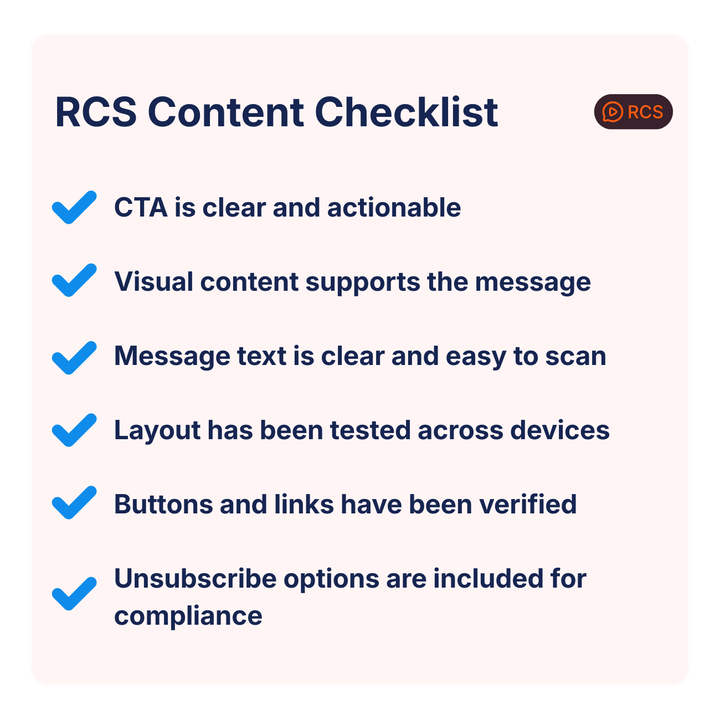 Image of an RCS content checklist graphic showing key steps before sending, including clear CTA, supporting visuals, scannable message text, tested layout, verified buttons and links, and unsubscribe options for compliance.