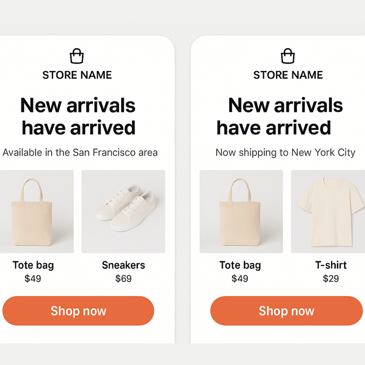 Graphic showing Email Design Best Practices with personalization in email design. The example compares two product emails - one tailored for San Francisco and another for New York City - featuring localized messaging and product recommendations to demonstrate how personalization improves relevance and engagement.