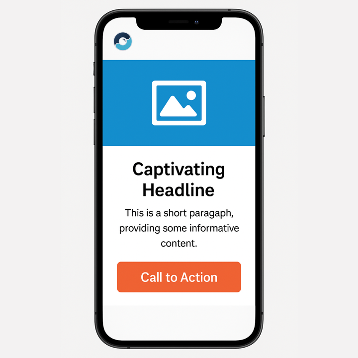 Graphic showing Email Design Best Practices on mobile. The example displays a smartphone screen with a simple email layout featuring a logo, image placeholder, captivating headline, short body text, and a clear orange call-to-action button - demonstrating clean, mobile-first email design.