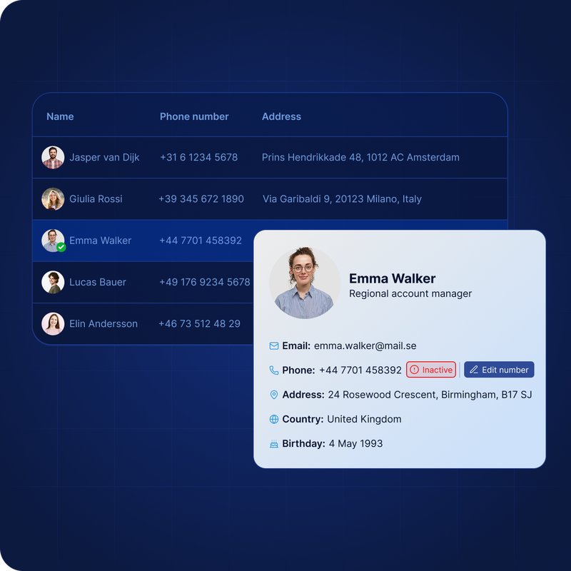 Contact database view powered by the Autofill Forms API showing Emma Walker’s profile with prefilled email, address, birthday, and phone number marked as inactive.