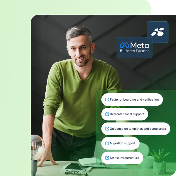 Image of a LINK Mobility business professional alongside Meta Business Partner badge, illustrating a list in text bubble stylization that suggests what businesses can do with WhatsApp Business API including: onboarding, verification, and local support for scalable messaging solutions.