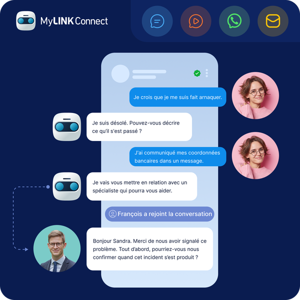 Interface de chat de MyLINK Connect présentant une conversation entre un utilisateur et un chatbot au sujet d'une tentative d'escroquerie visant à obtenir des informations bancaires. Un spécialiste intervient dans la conversation.