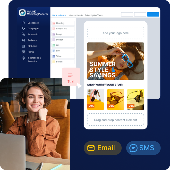 A smiling woman sits at a desk with an open laptop. On the screen, an email marketing platform shows a summer sale design.
