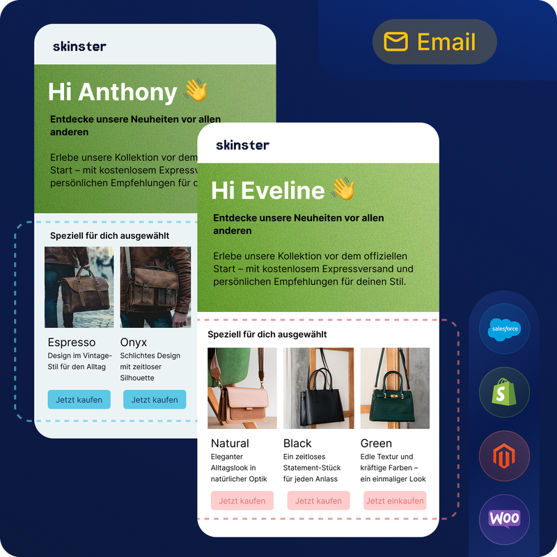E-Mail-Beispiel von „Skinster“ mit personalisierten Produktempfehlungen und einer Einladung zum Produktlaunch sowie Icons von E-Commerce-Plattformen an der Seite.