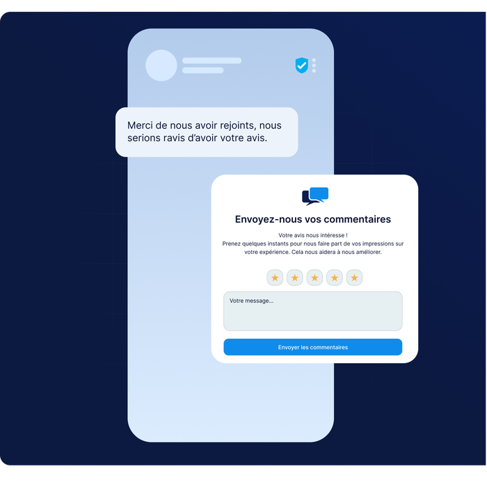Interface mobile invitant l'utilisateur à donner son avis à l'aide d'une note sous forme d'étoiles et d'une zone de texte, accompagnée d'un texte en français.