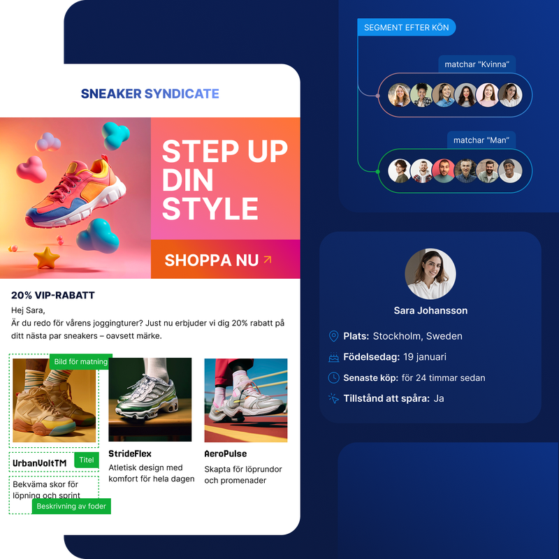 En visualisering av e-postkampanj för en e-handlare på vänstersidan och segmenterings alternativ för män och kvinnor på högersidan, tillsammans med kunddata på en befintlig kundprofil i Marketing Automation-system.