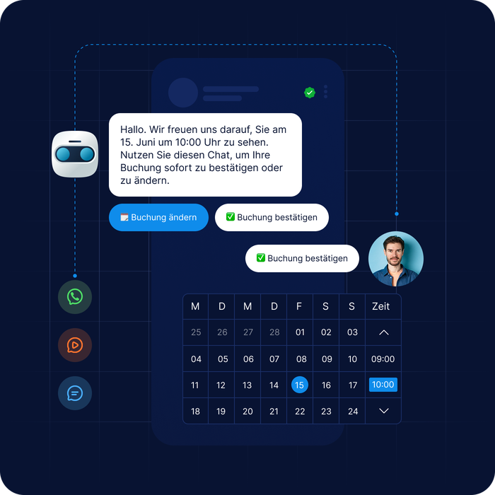 Zwei-Wege-Messaging-Dialog mit Chatbot-Automatisierung über SMS, WhatsApp und RCS, bei dem Kunden Buchungen bestätigen oder ändern, Termine auswählen und in Echtzeit mit automatisierten Antworten und Buttons interagieren können.