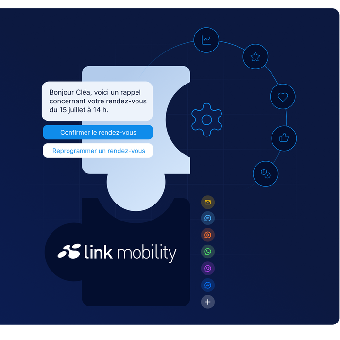 Interface Link Mobility avec rappel de rendez-vous et options permettant de confirmer ou de reporter un rendez-vous, entourée d'icônes sur un fond bleu foncé.