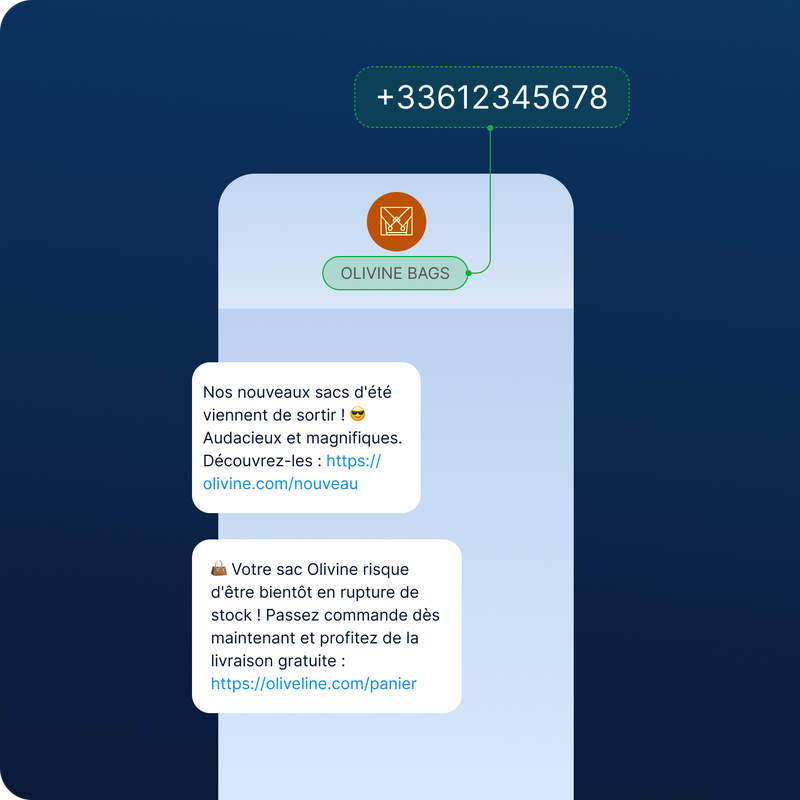 L'écran d'un smartphone affiche des messages d'Olivine Bags faisant la promotion de nouveaux sacs d'été, accompagnés de liens vers leur site web.