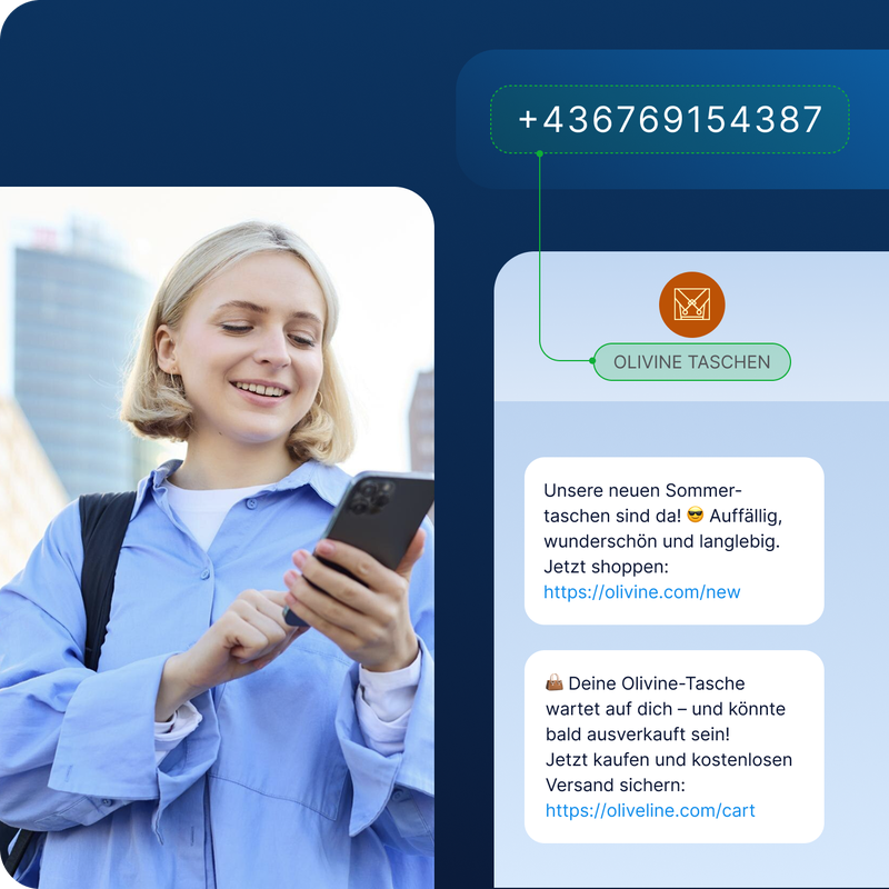 Frau empfängt Marketingnachrichten über die SMS-API von Olivine Bags – darunter eine Ankündigung einer Produkteinführung sowie eine Warenkorberinnerung mit Links zum Shop und Checkout.