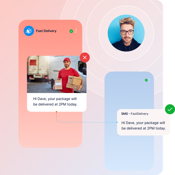Image of RCS Business Messaging with automatic SMS fallback, showing a delivery notification sent as rich media and converted to SMS for unsupported devices, ensuring full reach and reliable customer communication