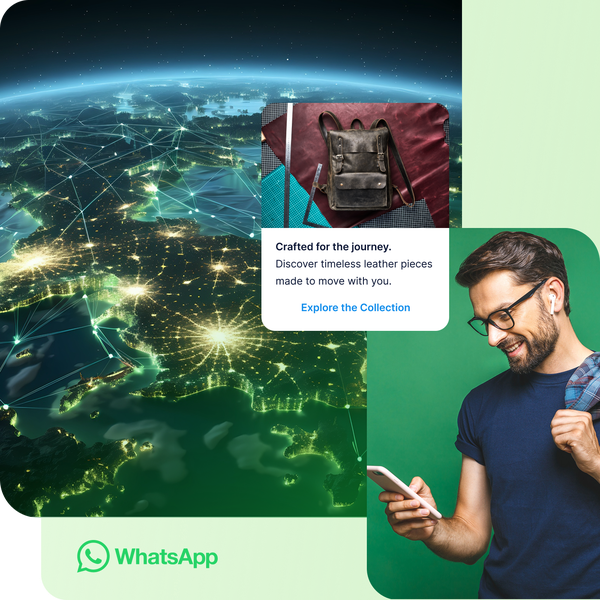 Image of WhatsApp Business messaging campaign showing global reach and customer engagement, with promotional rich media message delivered to a mobile user, illustrating scalable WhatsApp Business API communication across markets