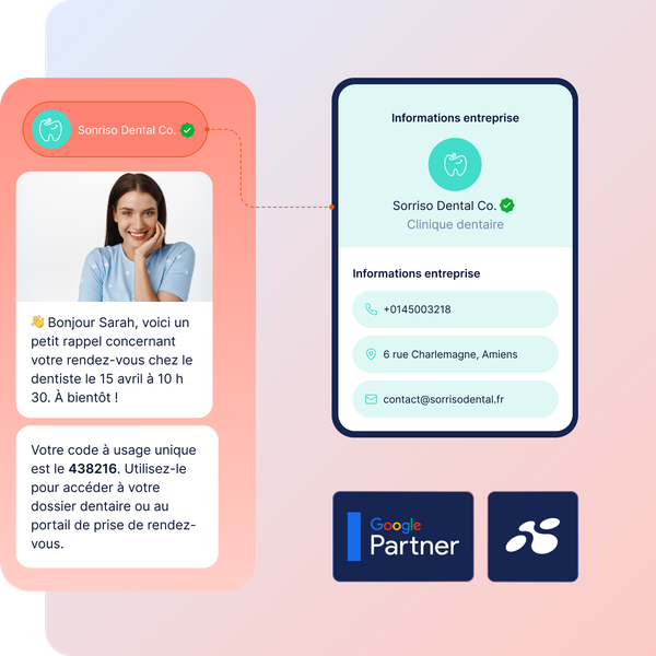 Un rappel de rendez-vous dentaire comprenant les coordonnées de Sorriso Dental Co. ainsi que des icônes de vérification, notamment un code unique et l'adresse de l'entreprise.