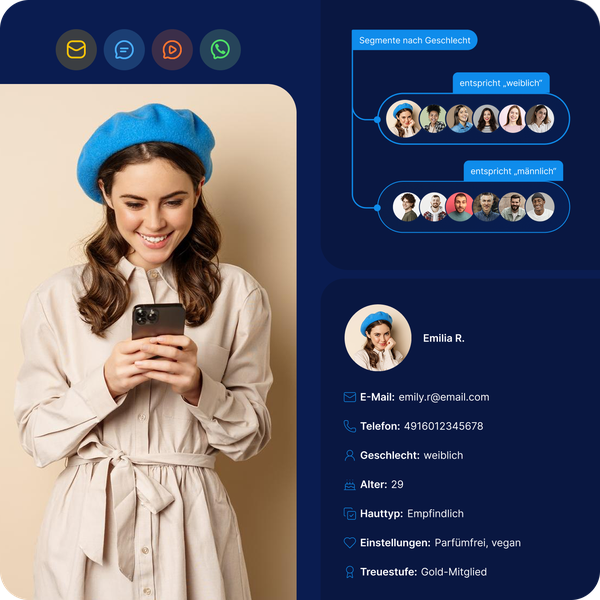 Mobile Marketingflow mit Kundensegmentierung nach Demografie, Präferenzen und Verhaltensdaten für zielgerichtete Nachrichten, höheres Engagement und optimierte Kampagnenperformance.
