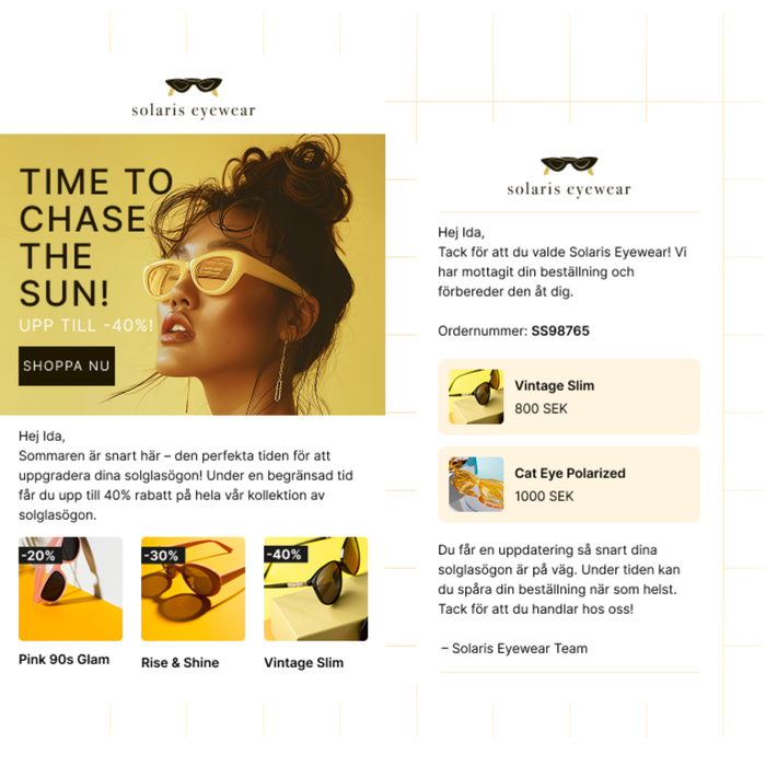Två e-post från Solaris Eyewear med en sommarkampanj med rabbaterade priser på solglasögon samt ett bekräftelsemejl med ordernummer, produktbilder, priser och leveransinformation.