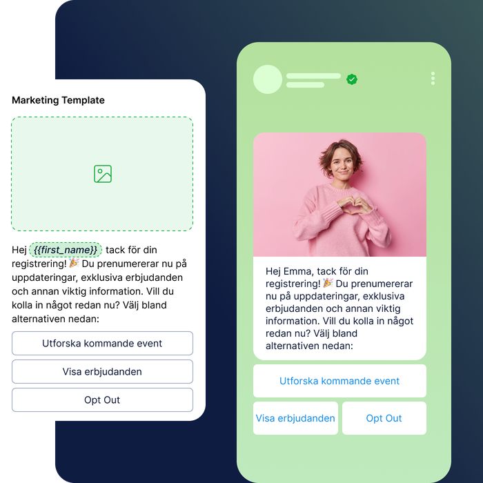 En illustration av hur ett WhatsApp-meddelande kan byggas med hjälp av en markndasföringsmall. Det finns utrymme för bilde, text och call to actions.