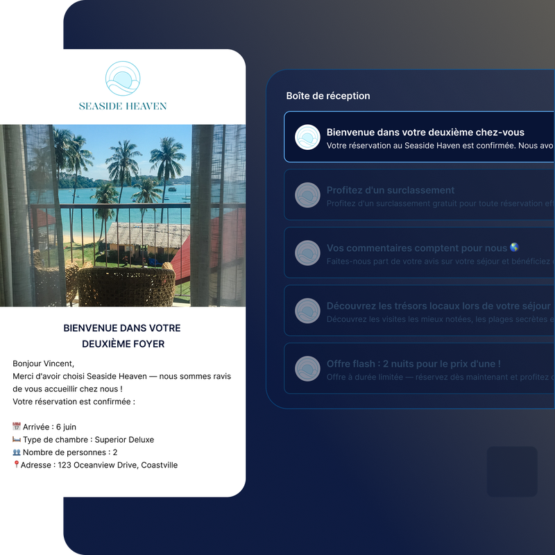 Un e-mail de confirmation de Seaside Heaven, avec une vue sur les palmiers et l'océan depuis un balcon, ainsi que les détails de la réservation ci-dessous.