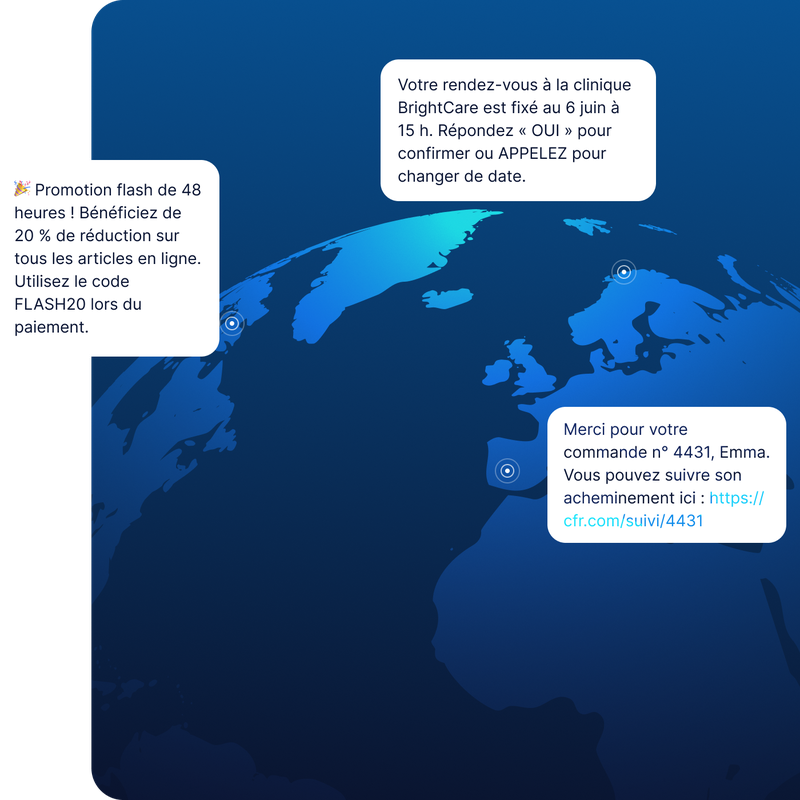 Une carte bleue sur laquelle figurent trois SMS en français : une offre promotionnelle, un rappel de rendez-vous à la clinique et une confirmation de suivi de commande.