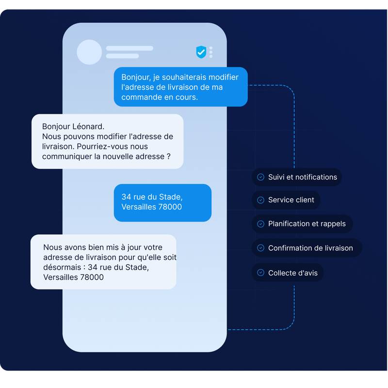 Une interface de messagerie présentant une conversation relative à la modification d'une adresse de livraison, avec des options telles que le suivi, le service client et la confirmation de livraison.