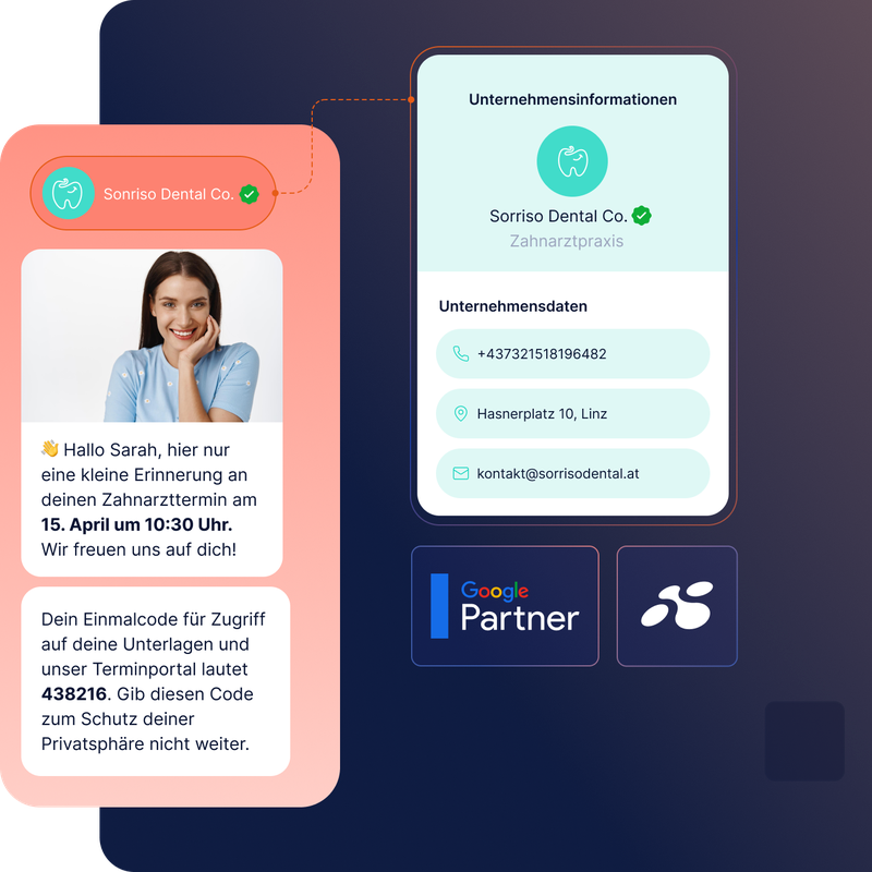 RCS Business Messaging mit verifiziertem Profil einer Zahnarztpraxis, Terminerinnerung, Einmalpasswort (OTP) und dem Hinweis auf LINK Mobility als offiziellen Google-Partner.