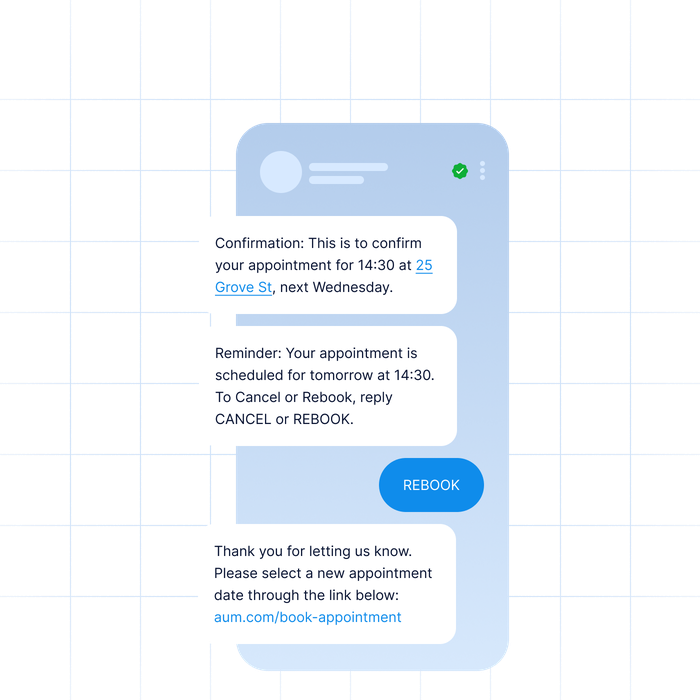 SMS conversation showing automated appointment confirmation, reminder, and rebooking link. All messages sent through LINK Mobility’s SMS channel using messaging APIs.