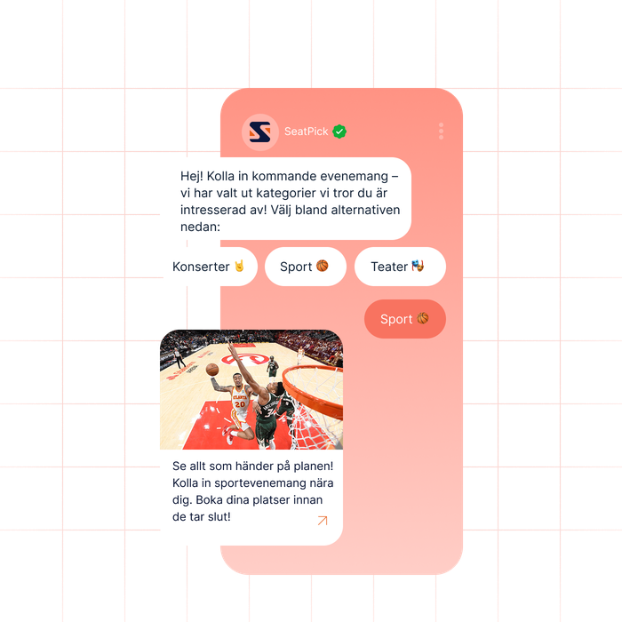 Visualisering av en RCS Business Messaging-chatt från företaget SeatPick. Meddelandet innehåller knappvalsalternativ för konserter, sport och teater, samt ett så kallat 'Rich Card' med bild och call-to-action för att boka biljetter till en basketmatch.