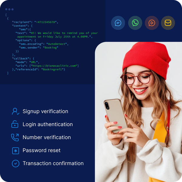 Image showing OTP verification integration for apps using messaging APIs, with support for signup verification, login authentication, number verification, password reset, and transaction confirmation across SMS, WhatsApp, RCS, and email.
