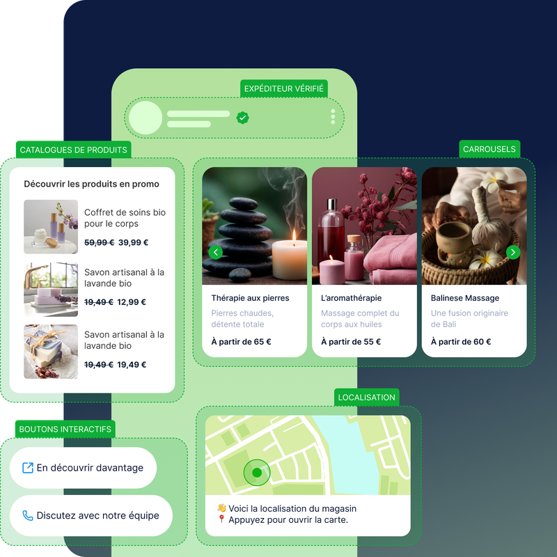 Une interface aux couleurs vertes présente les catalogues de produits, les options de soins du spa, des boutons interactifs et un plan d'accès avec les tarifs en euros.