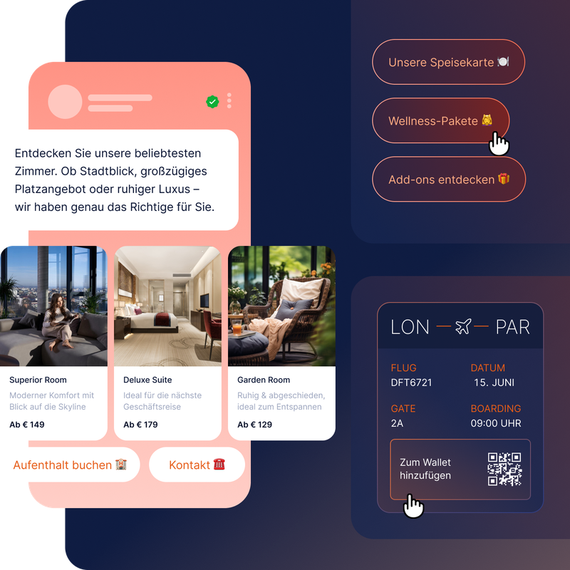 RCS Business Messaging mit Hotelangeboten, Wellnesspaketen, Buchungsbuttons und einer digitalen Bordkarte mit Wallet-Integration – ideal für Reisekampagnen.