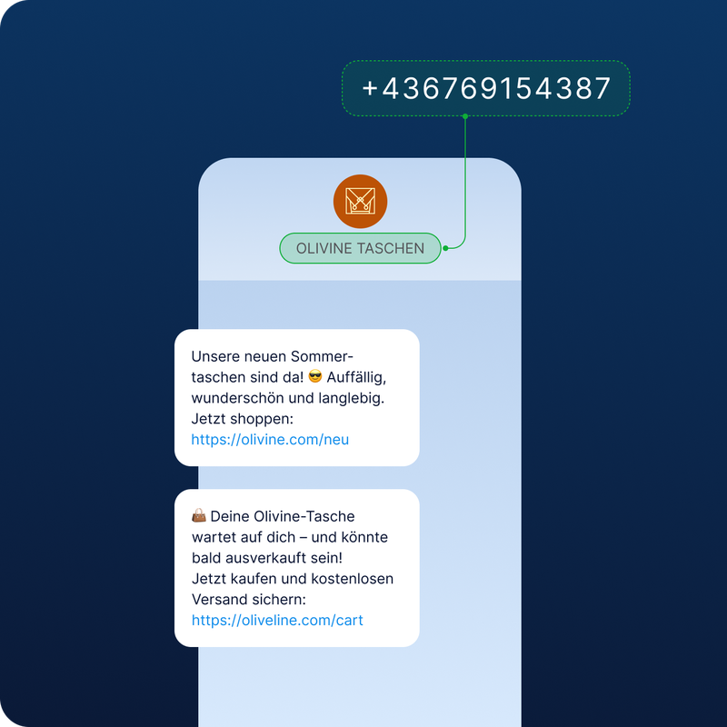 Gebrandete SMS von OLIVINE BAGS zur Bewerbung neuer Produkte und zur Rückgewinnung von Warenkorbabbrechern. Die Nachricht wird über die SMS-Lösung von LINK Mobility mit Absender-ID und direkten Links versendet.